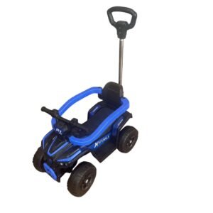 Blue ATV-style baby push car with parent steering handle and durable wheels for toddlers.