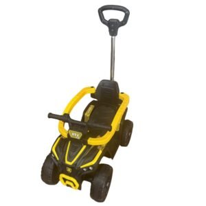 Yellow ATV-style baby push car with parent steering handle, comfortable seat, and durable wheels for toddlers.