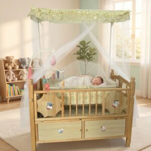 Premium baby wooden cot with mosquito net canopy, bassinet, and storage drawers for newborn babies.