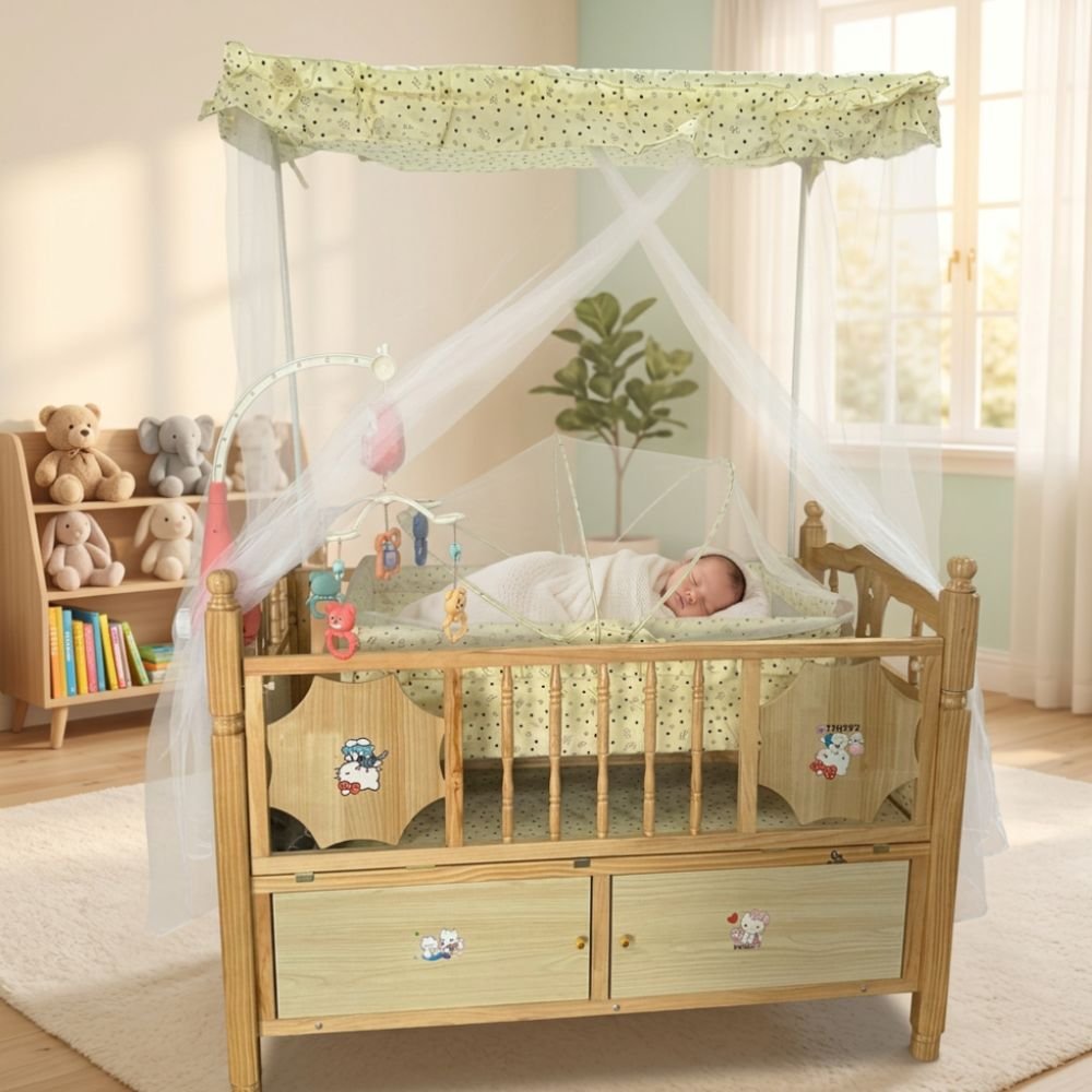 baby-wooden-cot-with-mosquito-net-storage-drawers-main Premium baby wooden cot with mosquito net canopy, bassinet, and storage drawers for newborn babies.