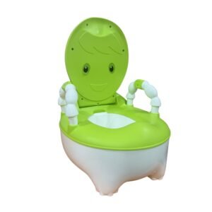 Green and white cartoon character toddler potty training chair with armrests and closing lid