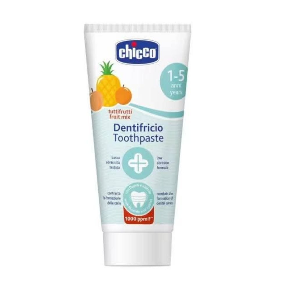 chicco-tutti-frutti-fruit-mix-toothpaste-50ml-1-5-years-main Chicco Tutti Frutti Fruit Mix Toothpaste 50ml for children aged 1-5 years with 1000ppm fluoride protection.