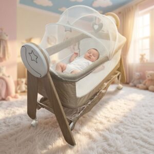 Cool Baby Electric Baby Cradle Swing Bed with Mosquito Net, Storage Basket and Wheels for Newborn Babies