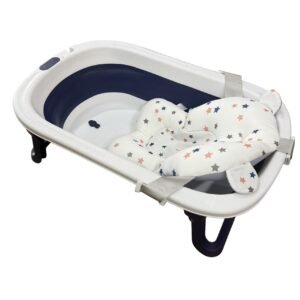 Foldable baby bath tub with soft cushion support for newborns and infants in white and blue color