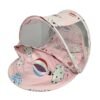 Pink folding newborn baby bed with mosquito net, pillow and hot air balloon print
