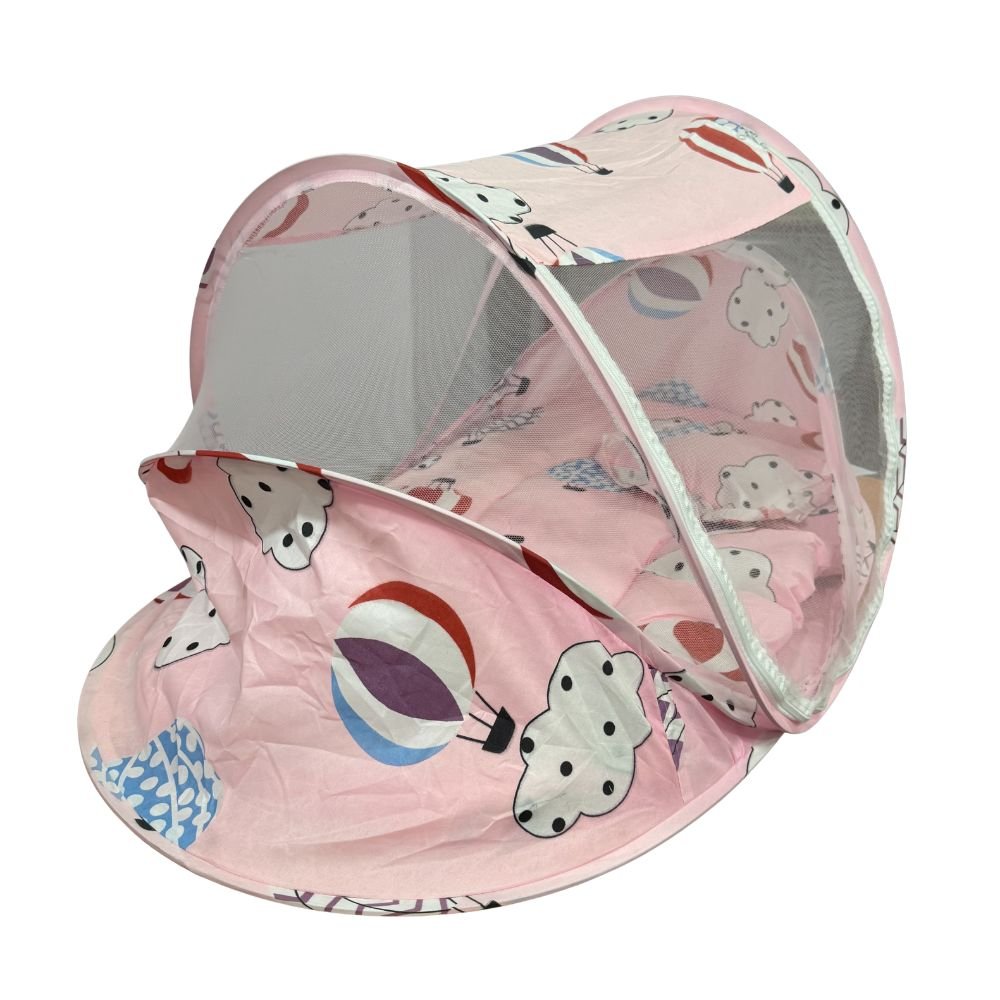 folding-newborn-baby-bed-mosquito-net-pink-hot-air-balloon-main Pink folding newborn baby bed with mosquito net, pillow and hot air balloon print