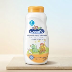Kodomo Baby Powder Natural Soft Protection with Orange Peel Oil and Citronella Oil for gentle baby skincare.