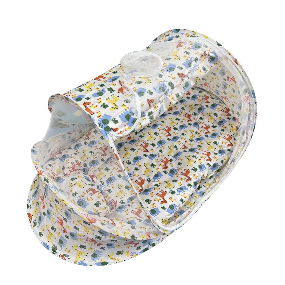 oldable-baby-mosquito-net-bed-animal-print-main Foldable baby mosquito net bed with soft mattress pillow and animal print design