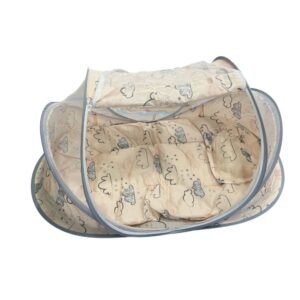 Portable folding baby bed with mosquito net, soft mattress and pillow in beige cloud design for newborn babies.