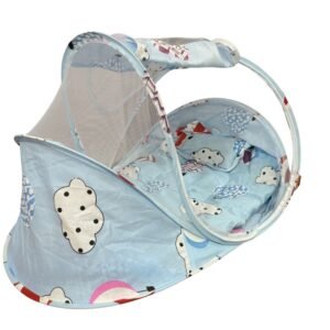 Portable folding baby bed with mosquito net, pillow and mattress in blue cloud design for newborn babies