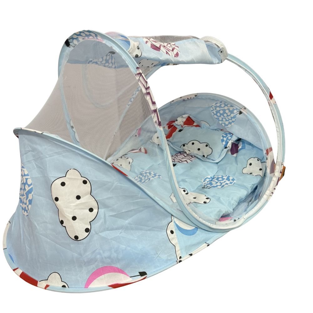 portable-folding-baby-bed-mosquito-net-blue-cloud-main Portable folding baby bed with mosquito net, pillow and mattress in blue cloud design for newborn babies
