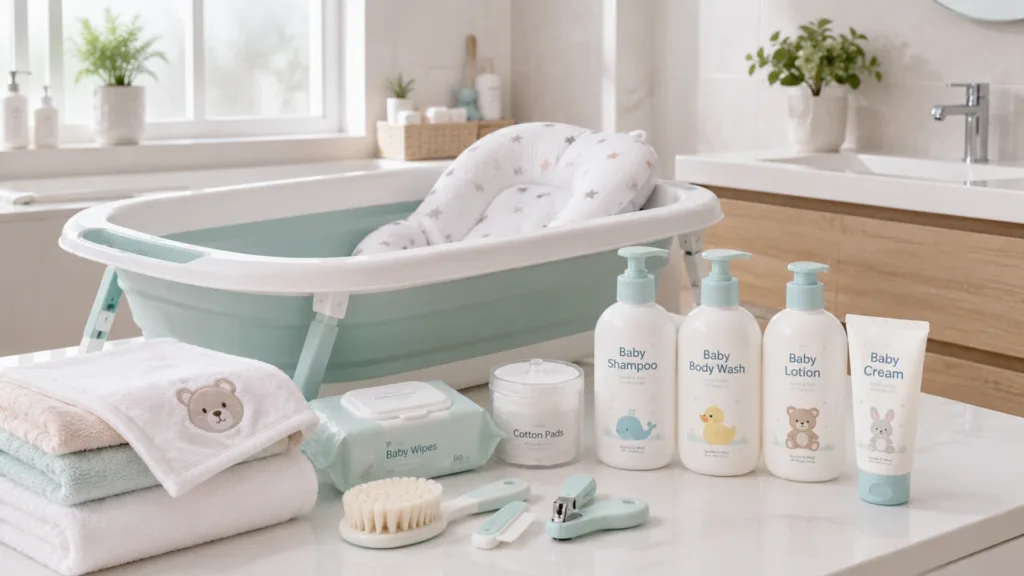 Baby bath and hygiene essentials including foldable baby bathtub, baby shampoo, lotion, wipes and grooming accessories – Kids Kart Nepal