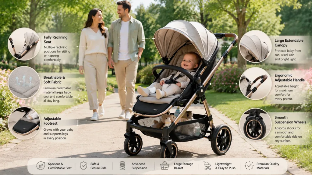 Comfort features of a premium baby stroller including reclining seat, breathable fabric, adjustable footrest, ergonomic handlebar, and smooth suspension – Kids Kart Nepal