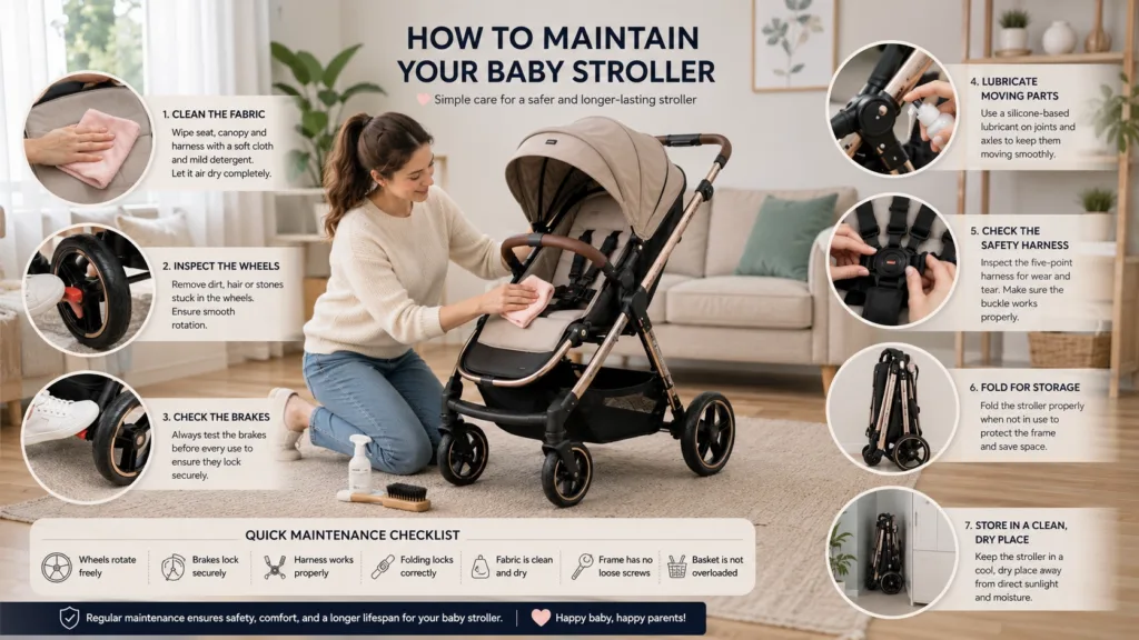 Parent cleaning and maintaining a baby stroller by checking wheels, brakes, safety harness, and folding mechanism – Kids Kart Nepal