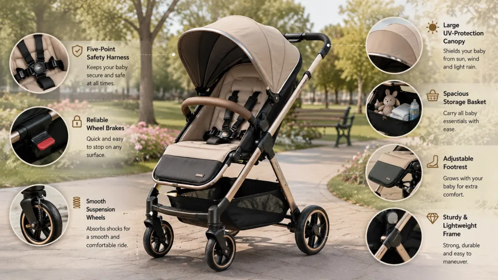 Baby stroller safety features including five-point harness, brakes, canopy, suspension, and storage basket – Kids Kart Nepal
