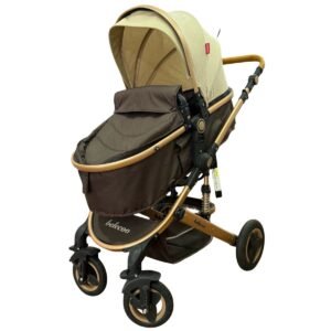 Belecoo luxury 2-in-1 baby stroller with bassinet, reversible seat, and gold aluminum frame available at Kids Kart Nepal.