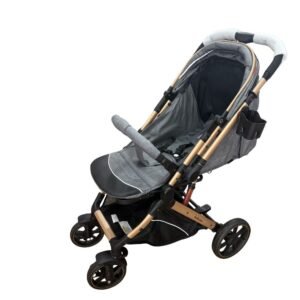 Belecoo Premium portable Baby Stroller in Dark Grey and Gold with reversible seat, suspension wheels and foldable design at Kids Kart Nepal.