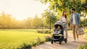 Best baby stroller in Nepal with happy parents enjoying a walk in the park – Kids Kart Nepal