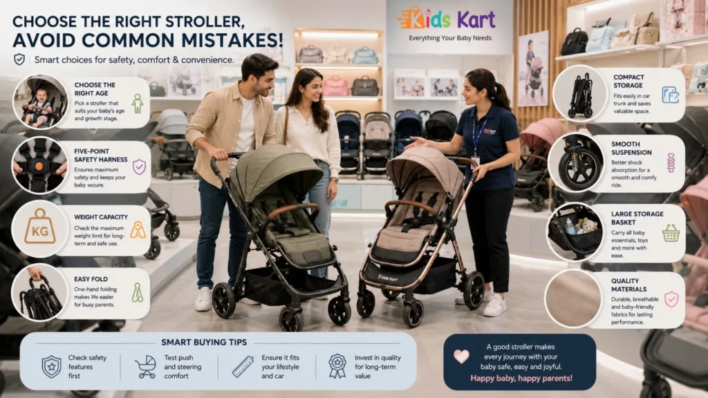 Parents comparing baby strollers in a showroom while learning important buying features – Kids Kart Nepal