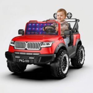 A baby riding on Kids Electric Ride-On Jeep A550 red 12V battery-powered SUV with colorful LED windshield lights and parental remote control