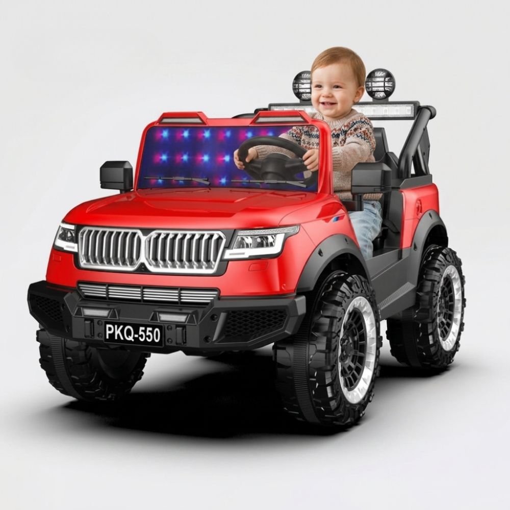 kids-electric-ride-on-jeep-a550-red-12v-nepal-baby-driving A baby riding on Kids Electric Ride-On Jeep A550 red 12V battery-powered SUV with colorful LED windshield lights and parental remote control