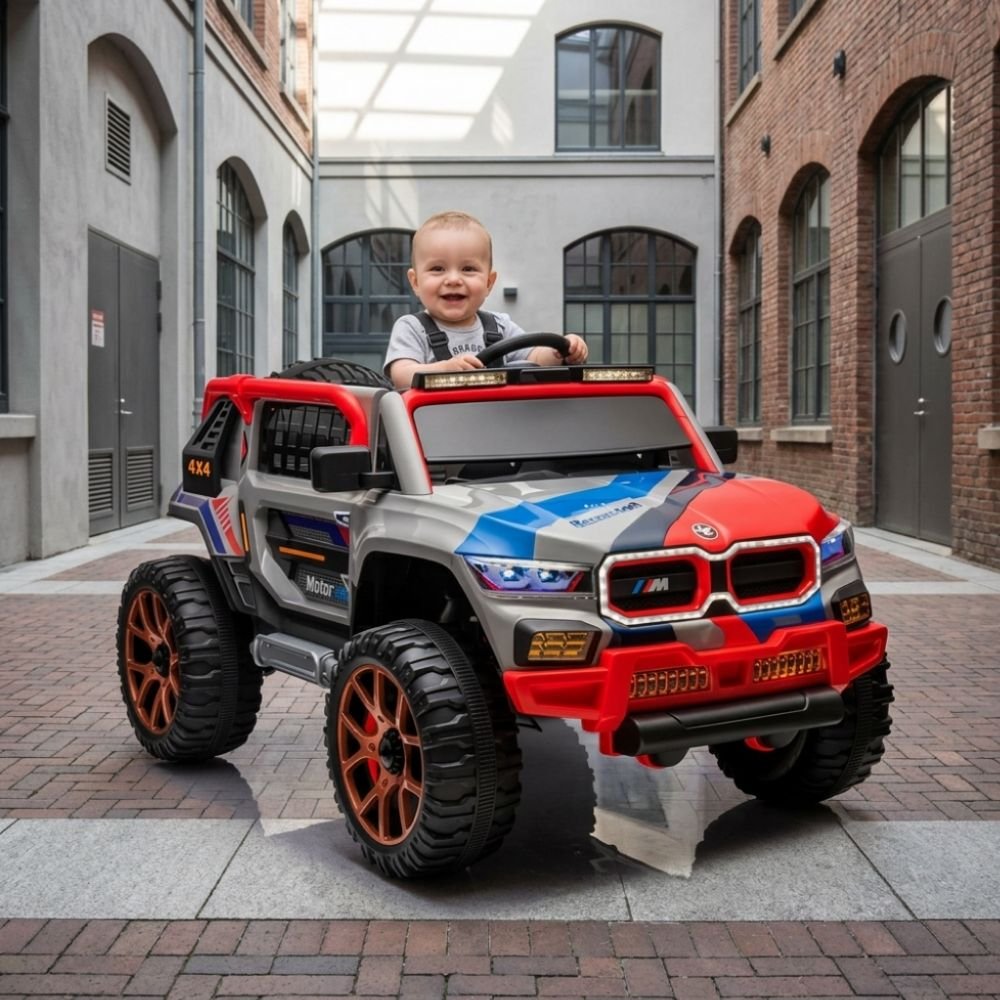 kids-electric-ride-on-jeep-m5rr-red-grey-nepal-baby A baby driving a jeep of model M5RR