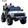 Kids Police Electric Ride-On Jeep A530B white 12V battery-powered police SUV with flashing LED lights, siren, and parental remote control