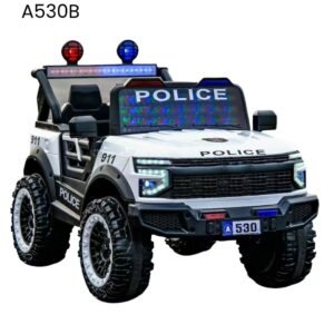 Kids Police Electric Ride-On Jeep A530B white 12V battery-powered police SUV with flashing LED lights, siren, and parental remote control