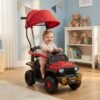 Red kids push ride-on jeep with removable canopy, parent push handle, safety guard, and sturdy wheels