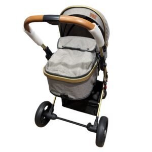 MHL Premium 2-in-1 baby stroller with carry cot in light grey and gold aluminum frame, suitable for newborns and toddlers.