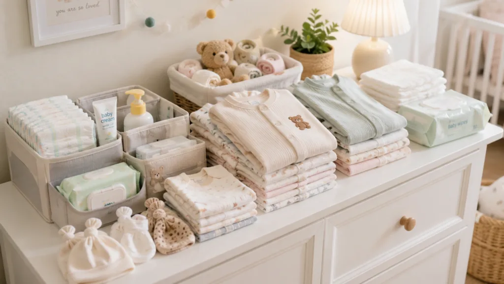 Newborn baby clothing and diaper essentials including bodysuits, rompers, diapers, baby wipes and diaper organizer – Kids Kart Nepal