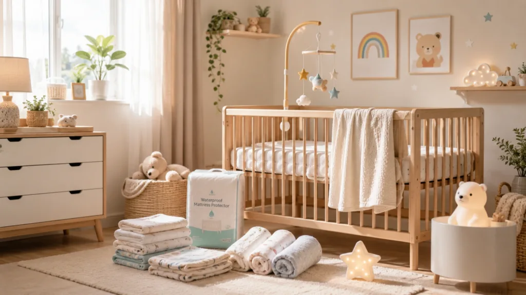 Newborn baby sleeping essentials with wooden baby cot, mattress, blankets and nursery décor – Kids Kart Nepal