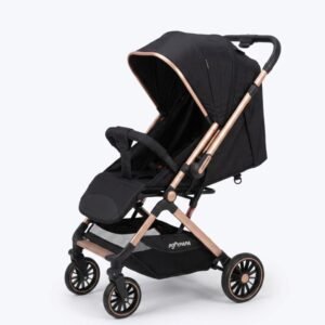 Popypapa D8 premium foldable baby stroller in black with a rose gold frame, suitable for babies 6 months and above.