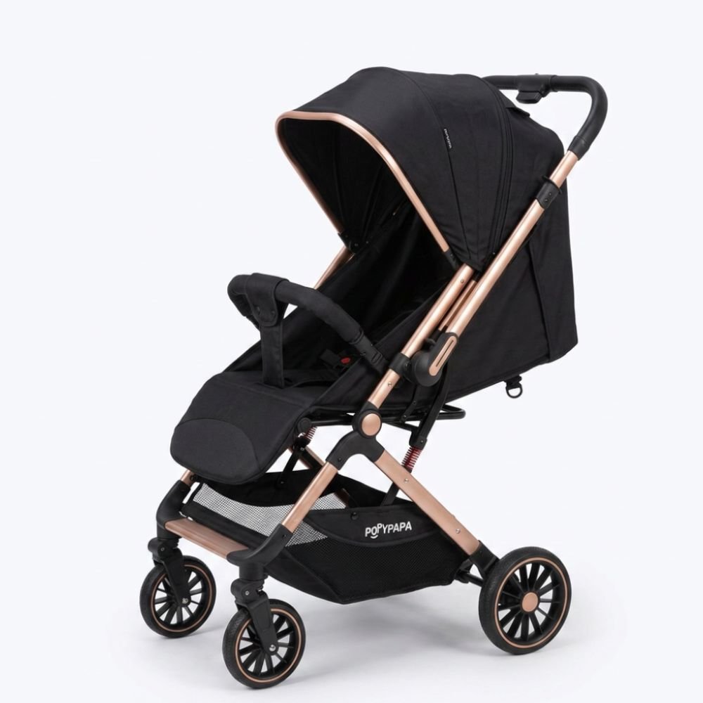 popypapa-d8-premium-baby-stroller-black-rose-gold-nepal-main Popypapa D8 premium foldable baby stroller in black with a rose gold frame, suitable for babies 6 months and above.