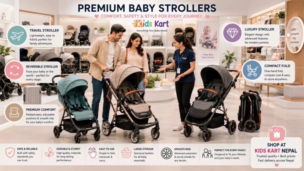 Premium baby stroller collection at Kids Kart Nepal featuring travel, luxury, reversible, and foldable strollers