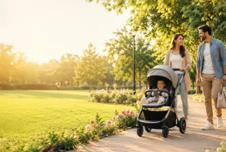 Best baby stroller in Nepal with happy parents enjoying a walk in the park – Kids Kart Nepal